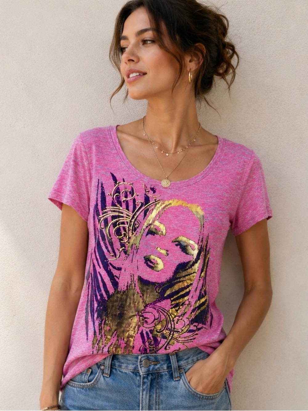 L.O.L. VINTAGE Y2K Pink Burnout Graphic Tee | Gold Foil Glam Portrait XL